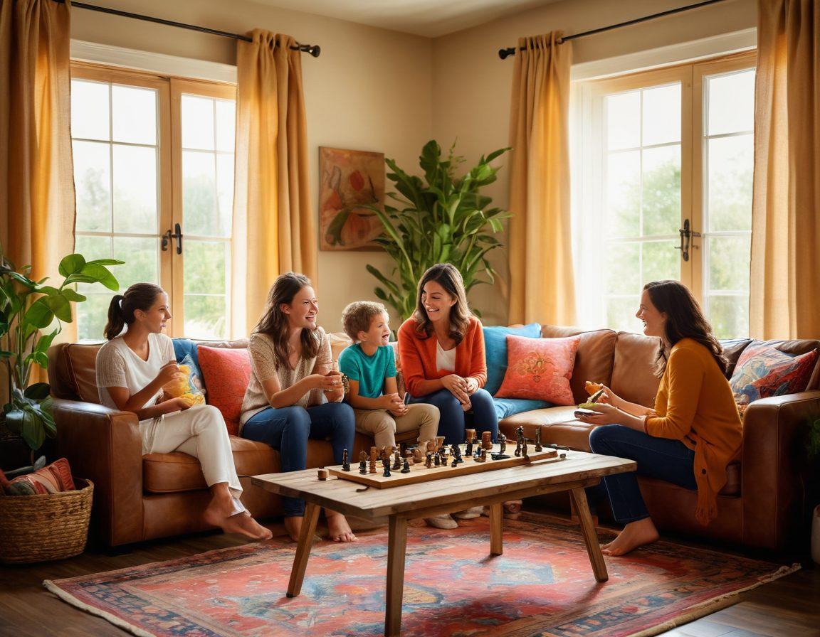 A warm and inviting family scene in a cozy living room, featuring diverse family members engaged in acts of kindness, like sharing a meal and playing games together. The atmosphere is filled with soft natural light, heartwarming expressions, and gentle hugs, symbolizing emotional connections and togetherness. Include elements like plants, comfortable furniture, and colorful art on the walls that reflect love and community. soft focus. vibrant colors. warm tones.