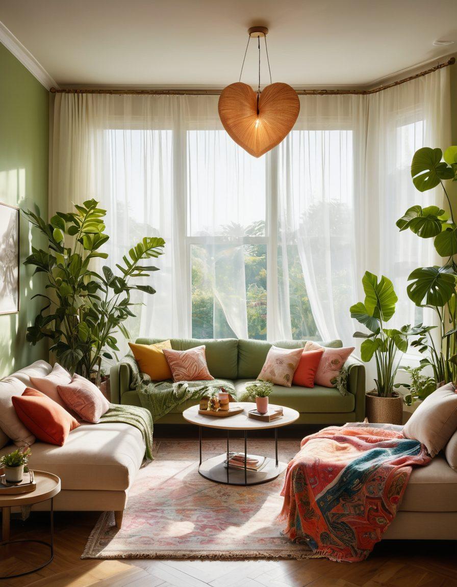 A cozy living room filled with warm lighting, surrounded by plants and heartfelt decorations. A family enjoying time together, sharing laughter and love, with soft cushions and blankets creating a welcoming atmosphere. A heart-shaped artwork displayed prominently on the wall, symbolizing affection. Bright colors enhance the warmth, while sunlight filters through sheer curtains. super-realistic. vibrant colors. warm tones.