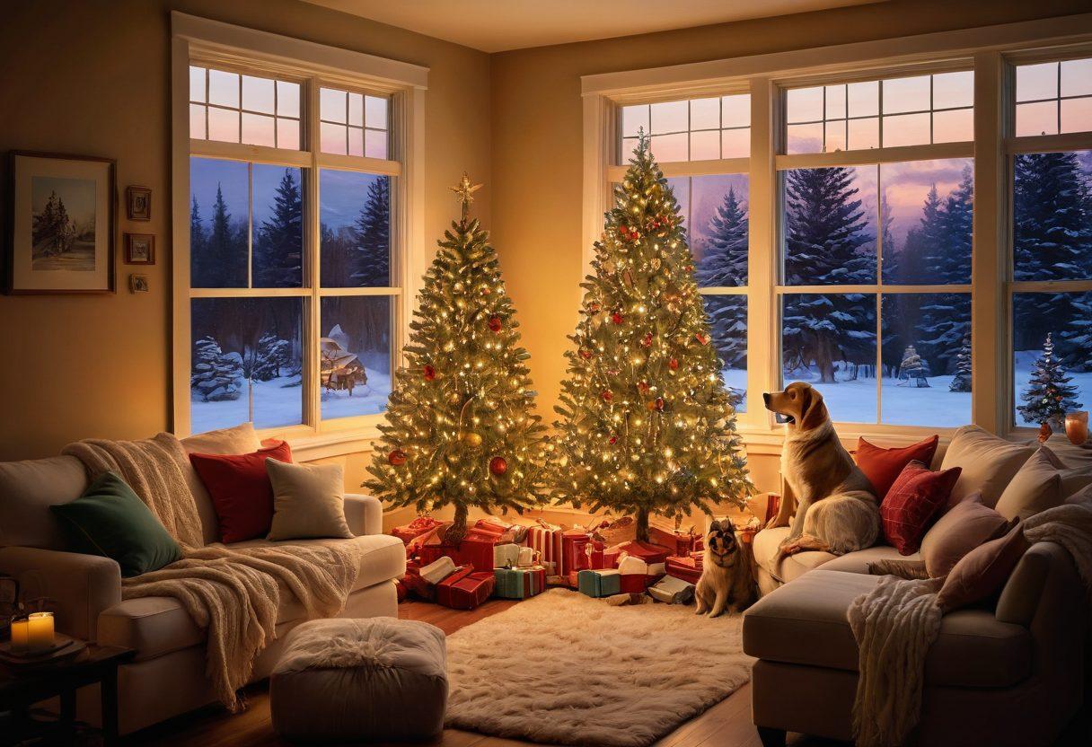 A cozy living room filled with warmth and love, showcasing a family gathered around a vibrant, well-decorated tree, laughter in the air. Soft cushions and playful pets add to the inviting atmosphere, while a window reveals a tranquil sunset outside. Include elements of connection, such as hand-holding and shared smiles between family members and soulmates. super-realistic. vibrant colors. soft lighting.